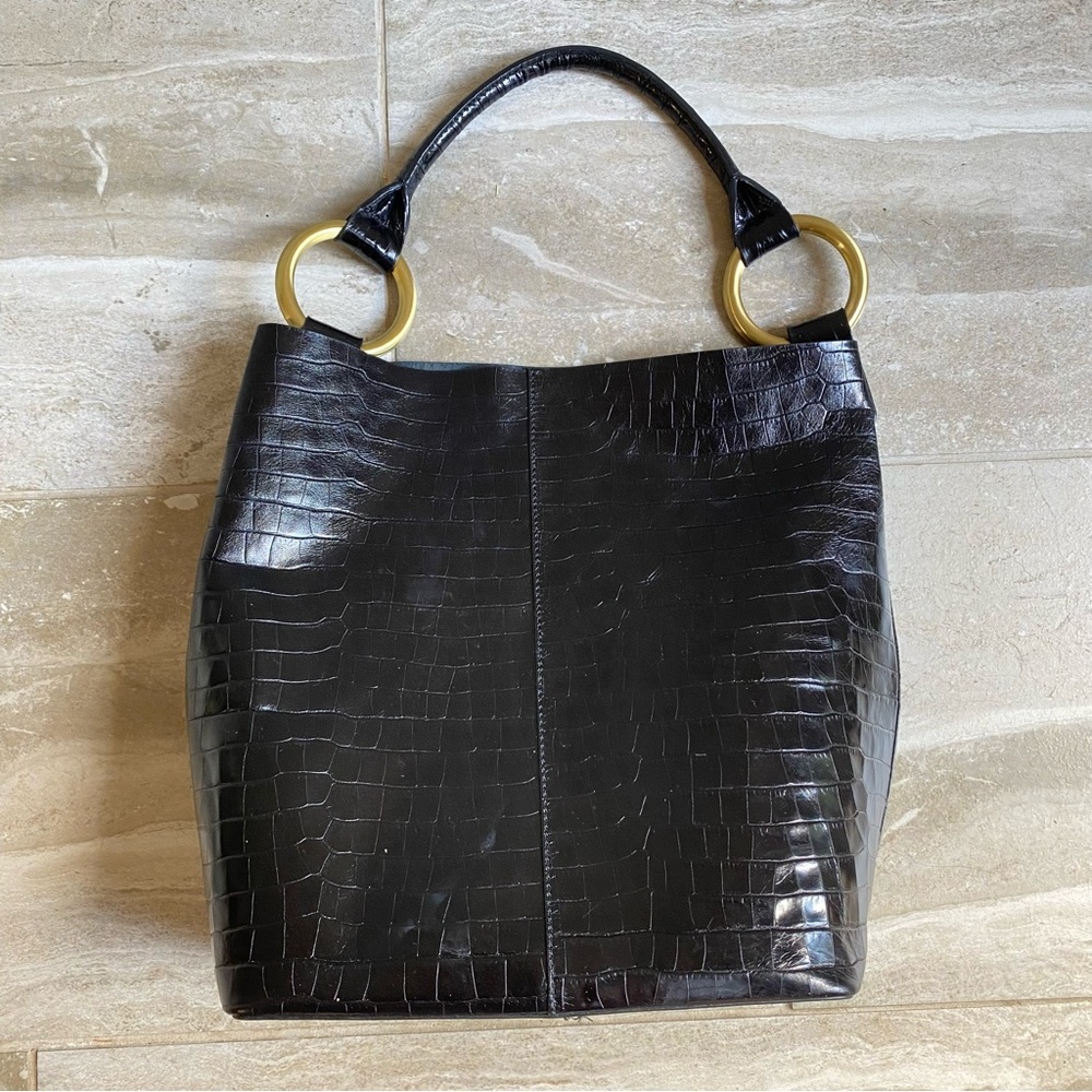Black Croc-Embossed Tote Handbag with Gold Ring Handles